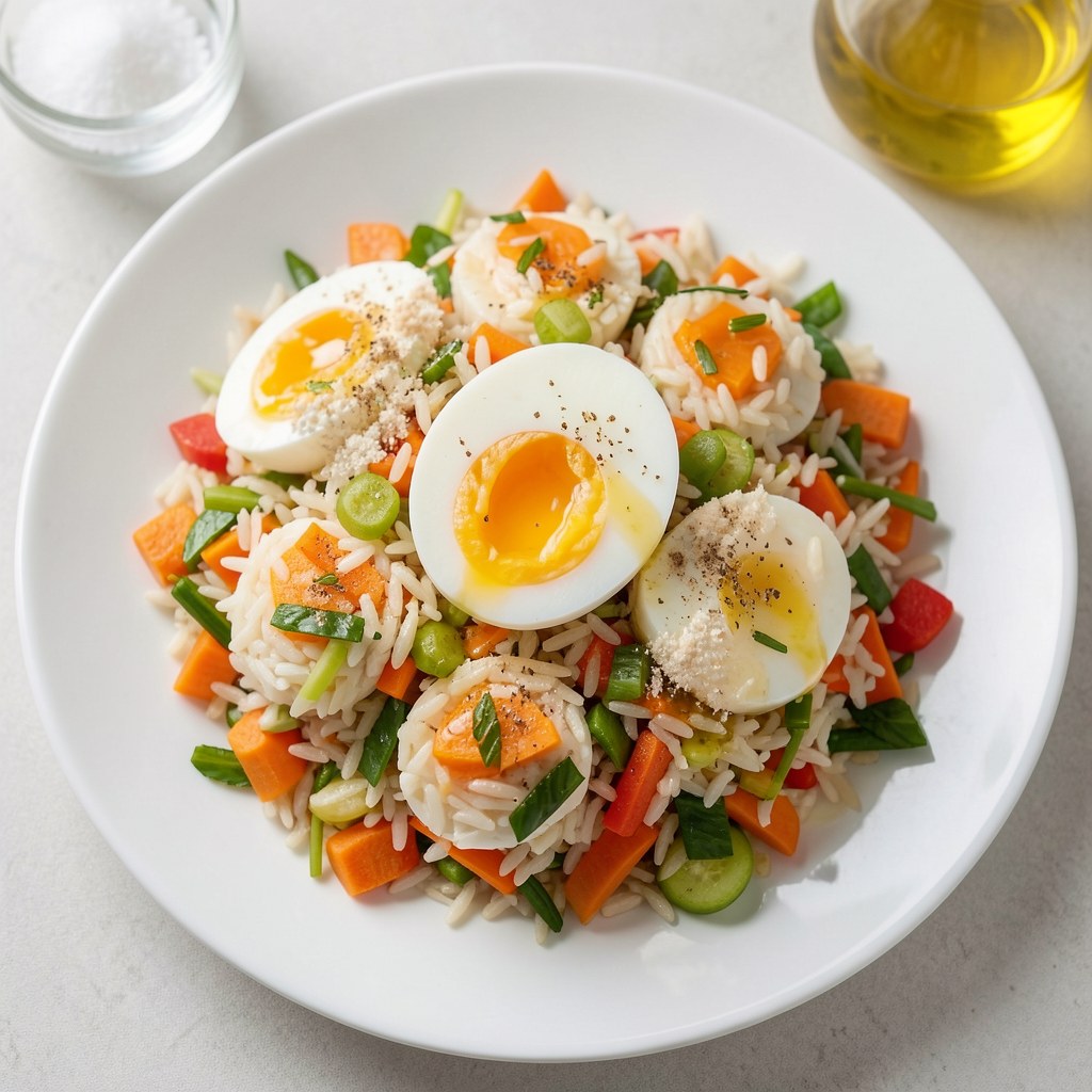 Jajka w koszulkach z sałatką ryżowo-warzywną