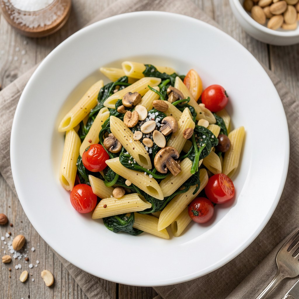 makaron penne ze szpinakiem i orzechami