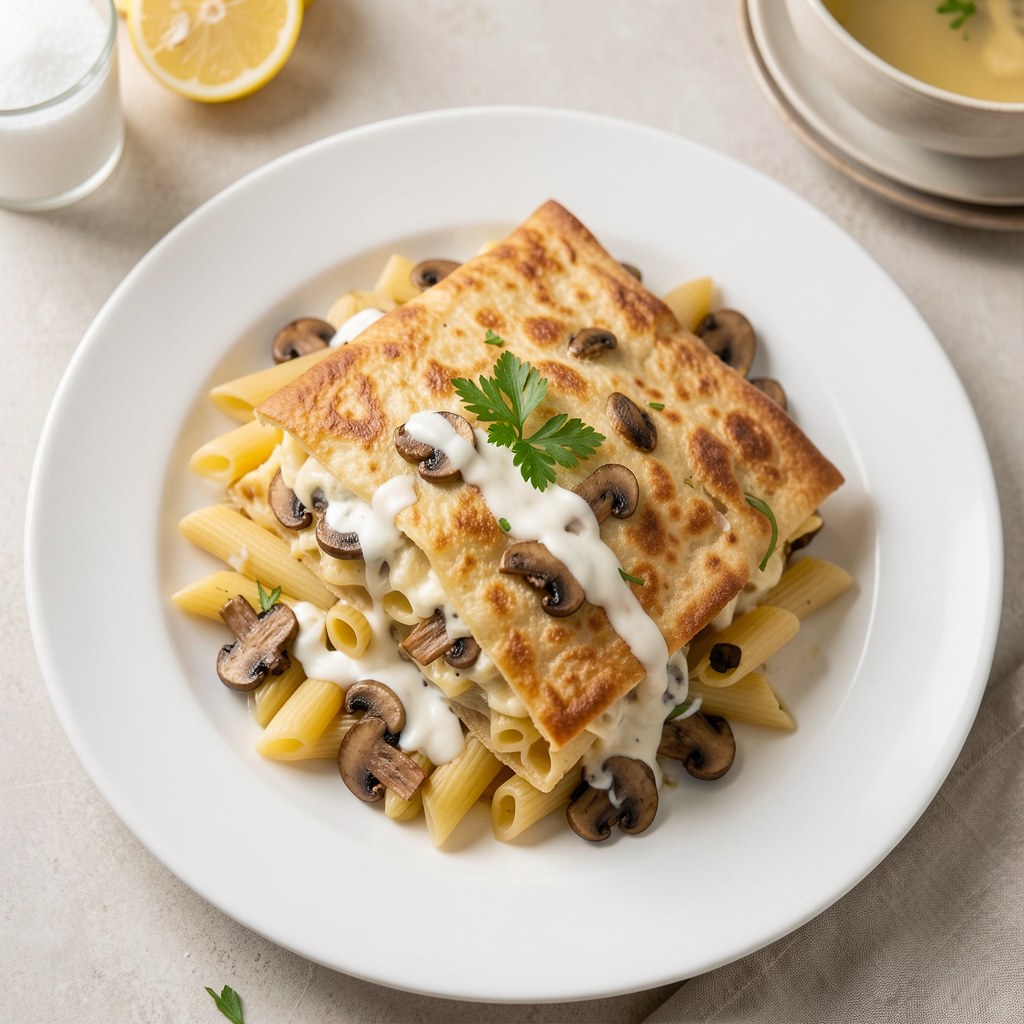 zapiekanka z makaronu penne z grzybami