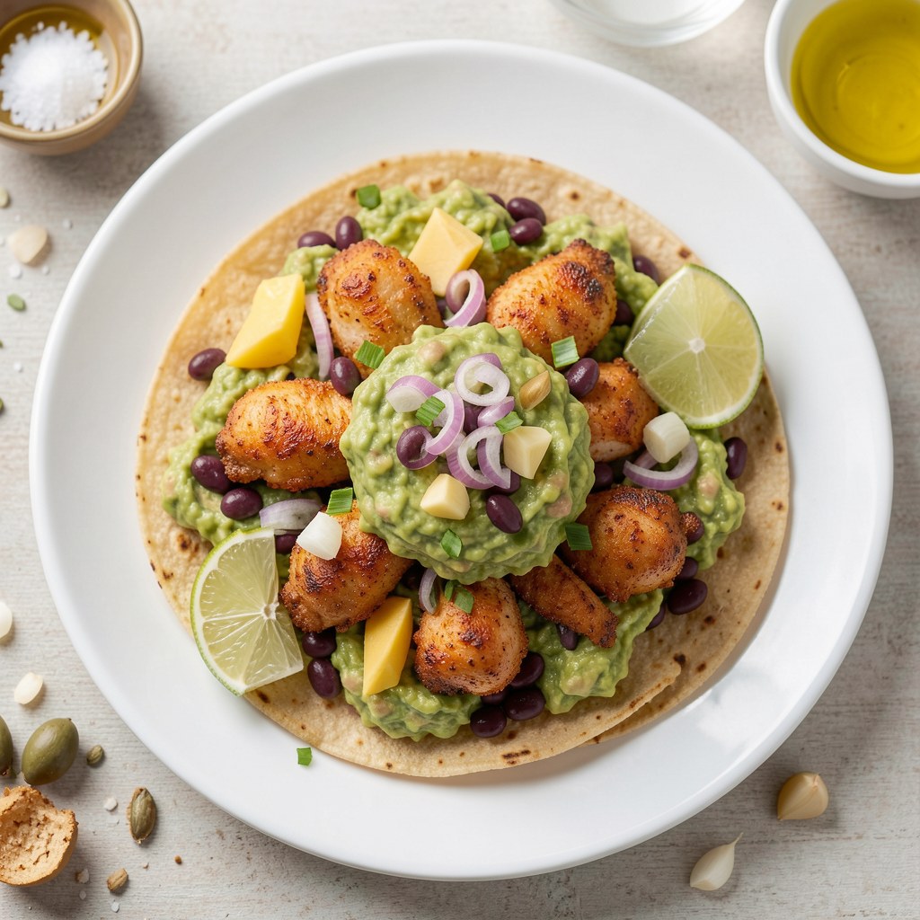 Tostadas z kurczakiem, czerowną fasolą i guacamole
