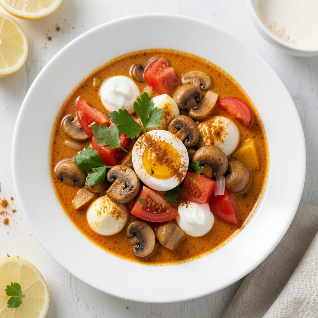 curry z grzybów i jaj, pomidorów, cebuli i z natką pietruszki