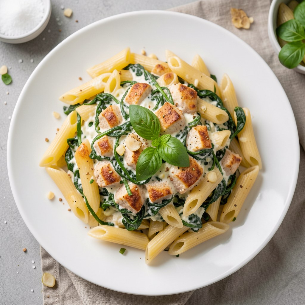 Makaron penne zapiekany ze szpinakiem
