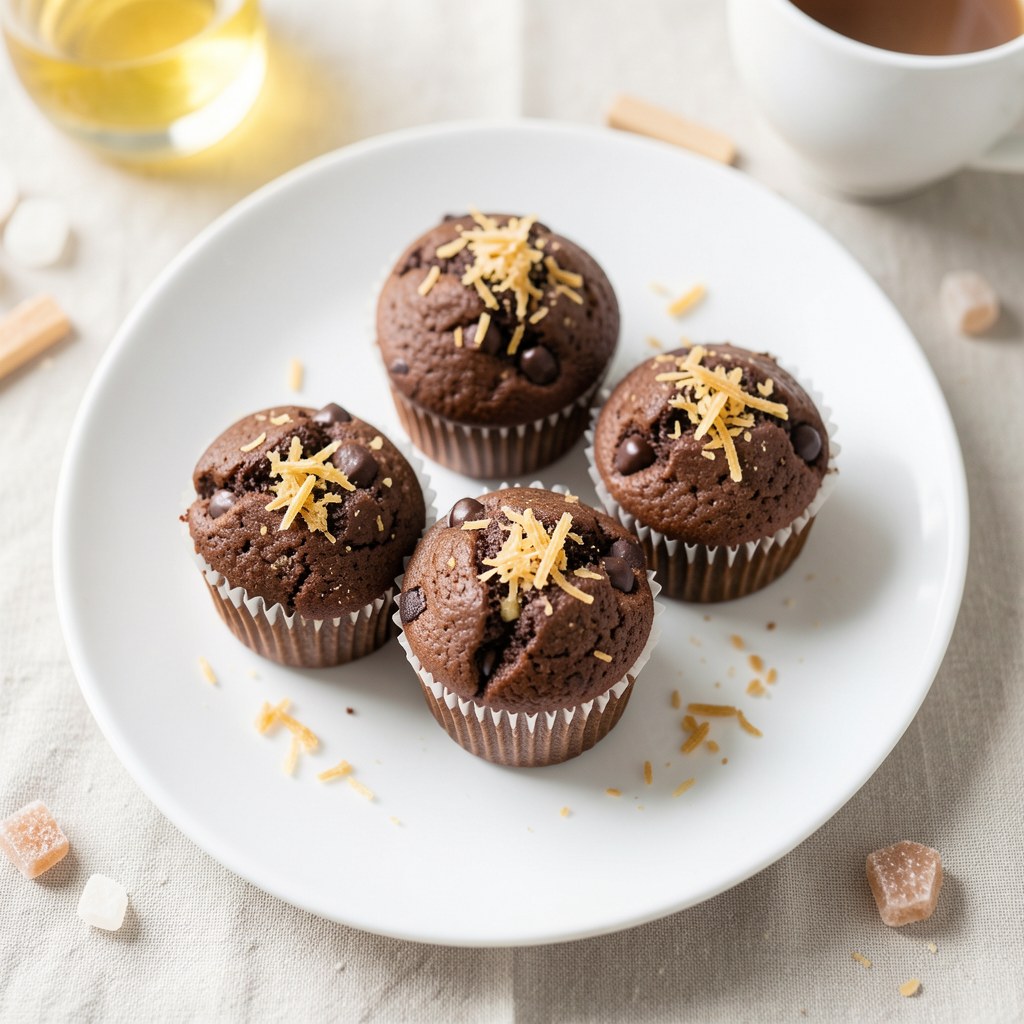 Czekoladowe muffinki pszenno-orkiszowe z kandyzowanym imbirem