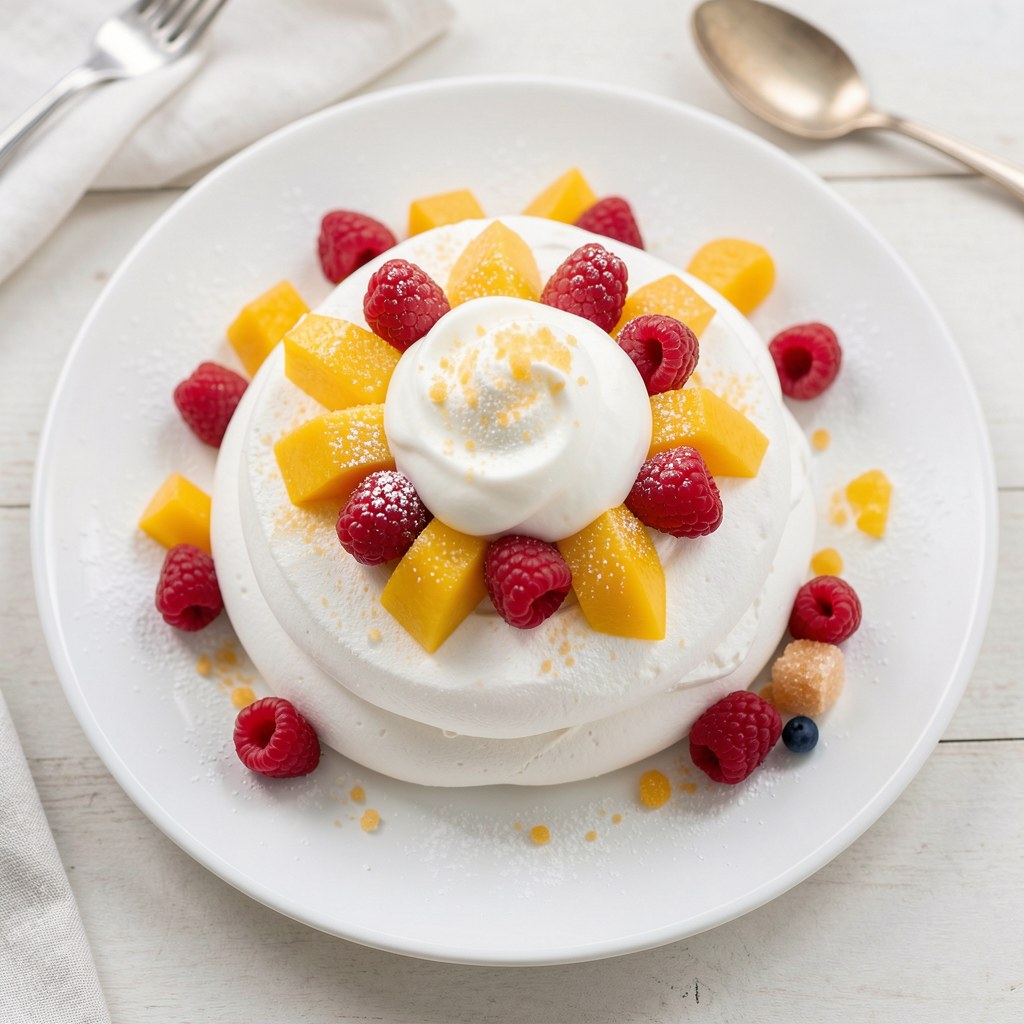 Pavlova z malinami i mango