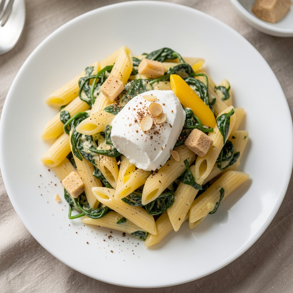 Penne szpinakowe z serkiem mascarpone