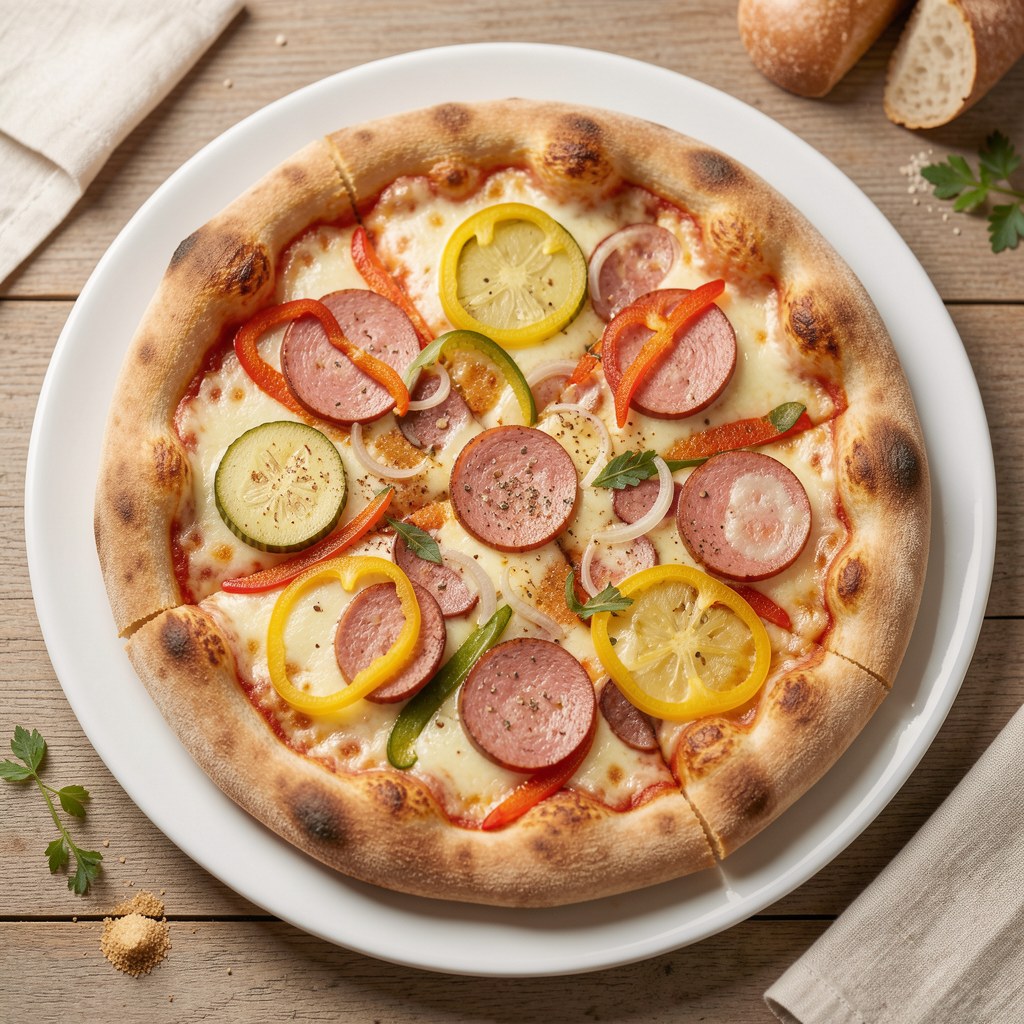 Domowa pizza z kiełbasą śląską i ogórkiem kiszonym