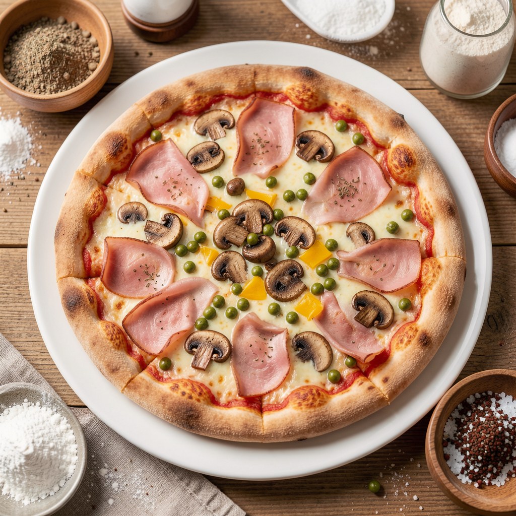 Pizza z szynką, serem, pieczarkami i groszkiem