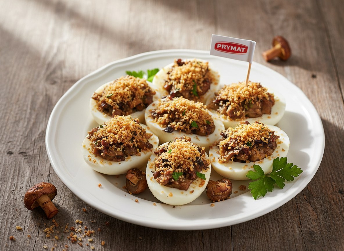 Zapiekane jajka z grzybami i czosnkową bułką tartą Prymat