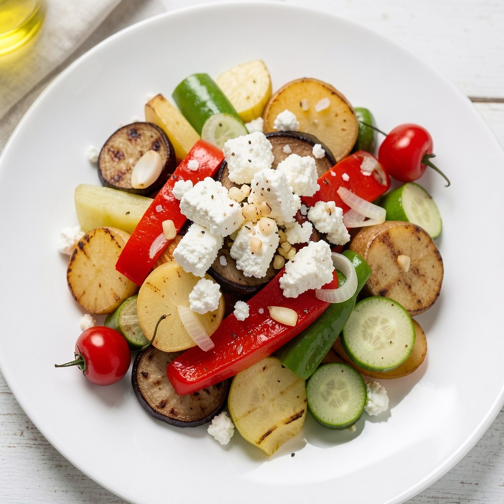 Grill: Pieczone warzywa z czosnkiem i tartym serem feta