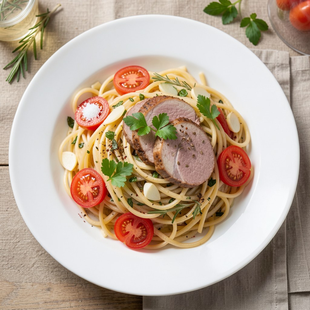 Spaghetti z ziołami i boczkiem