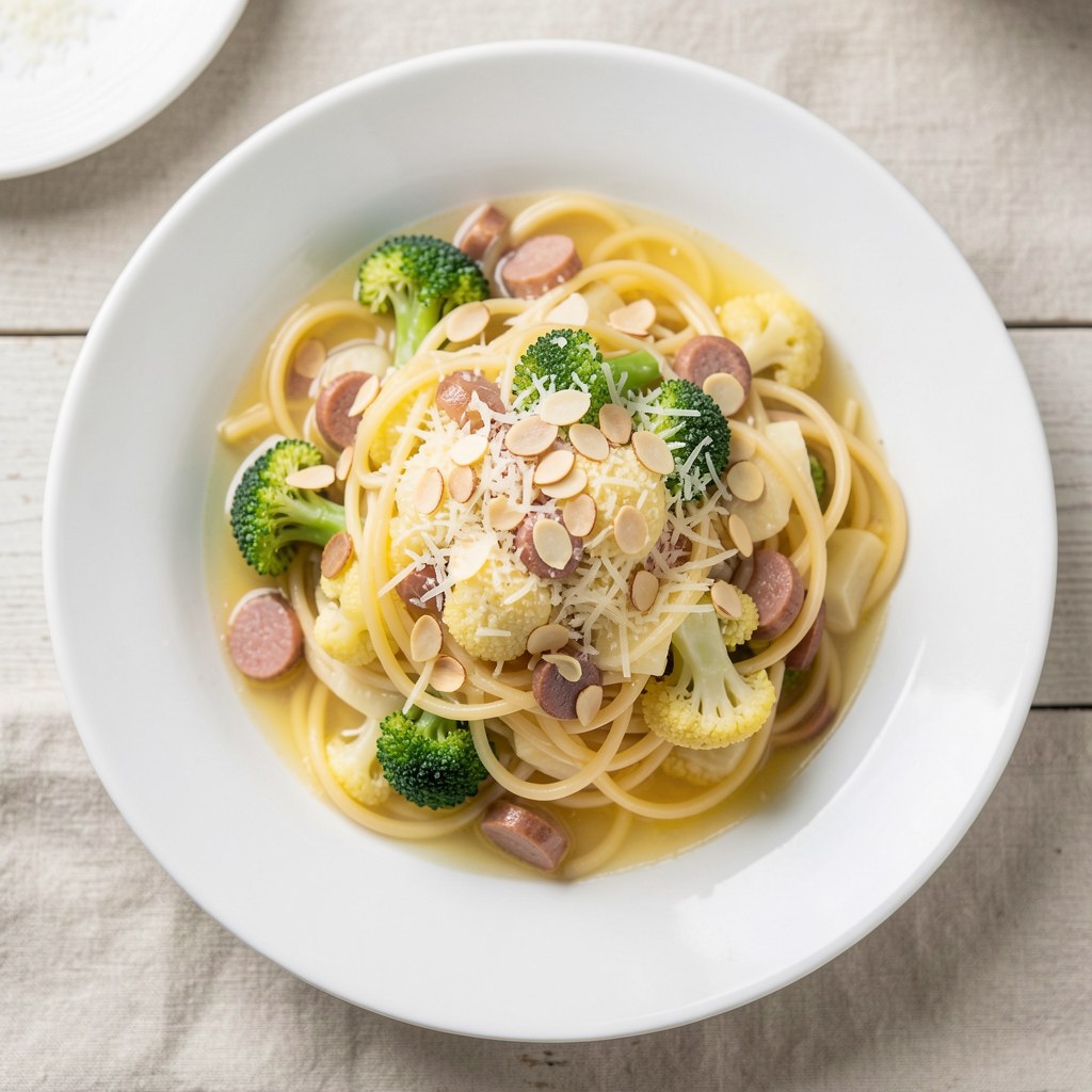 Spaghetti z brokułami w posypce migdałowej
