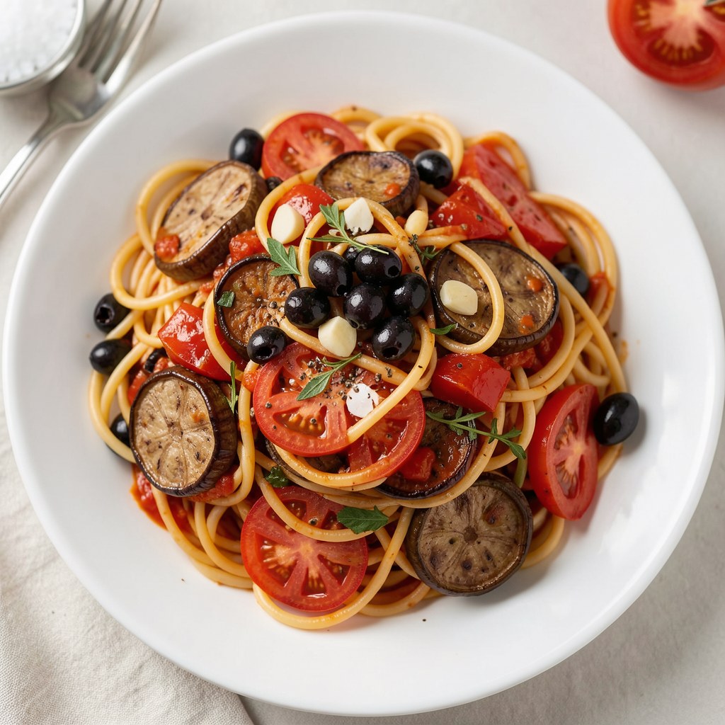 Spaghetti z bakłażanem i sosem z czarnych oliwek