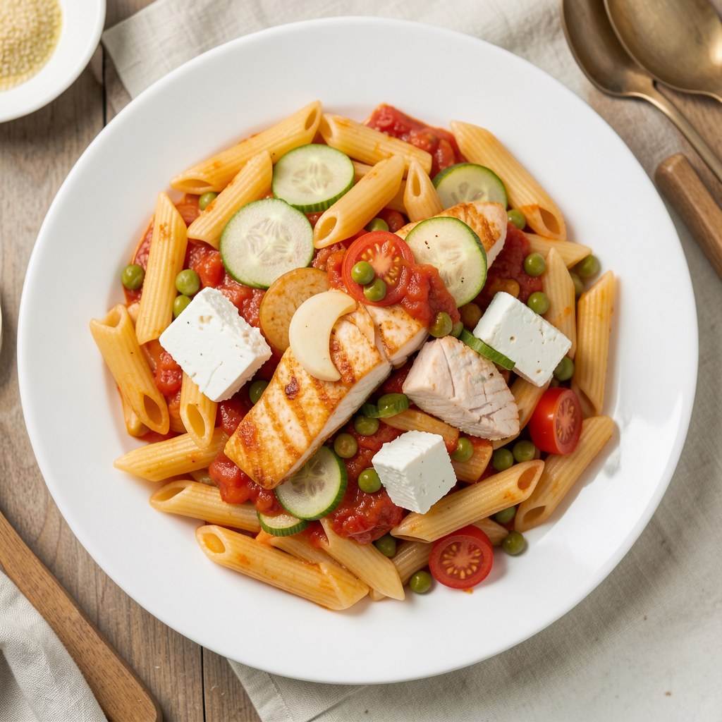 Penne pasta z pełnego ziarna z łososiem w sosie pomidorowym