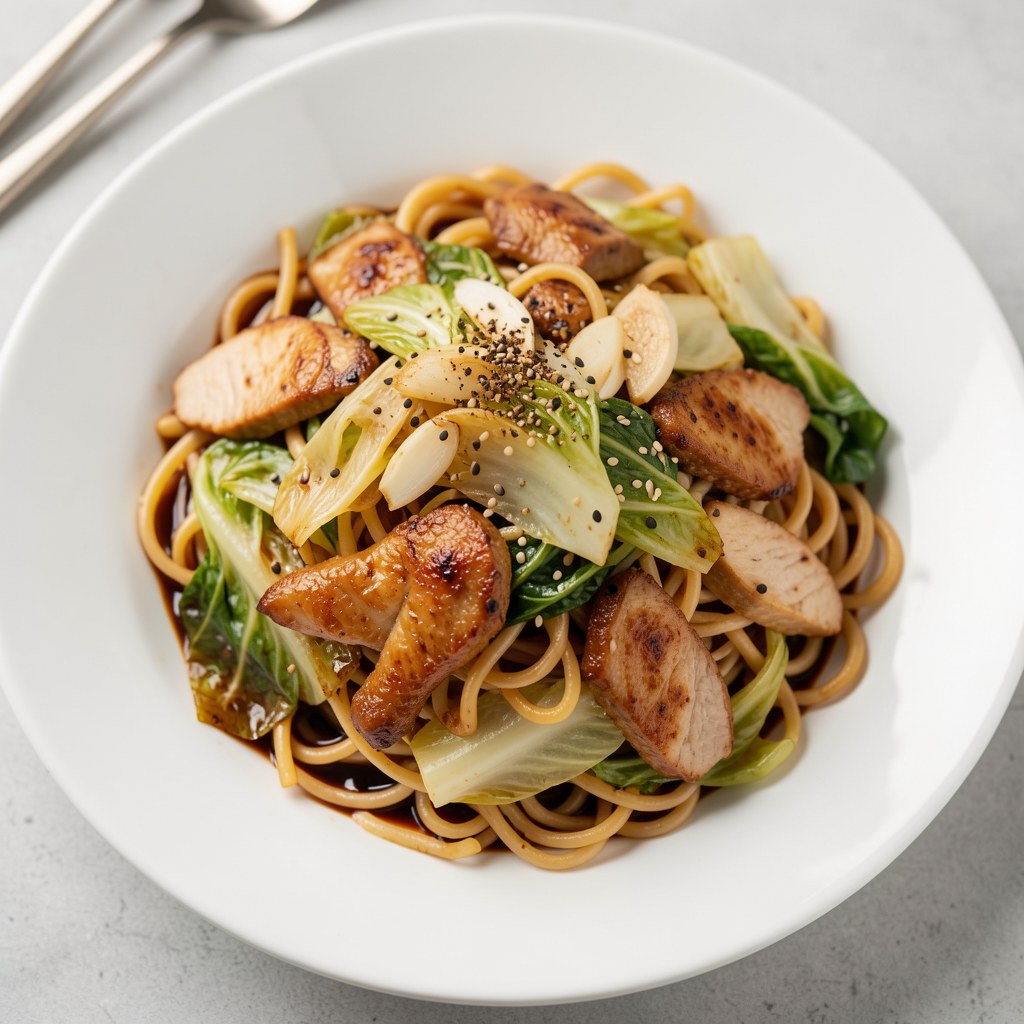 Chińskie noodles z kurczakiem i kapustą