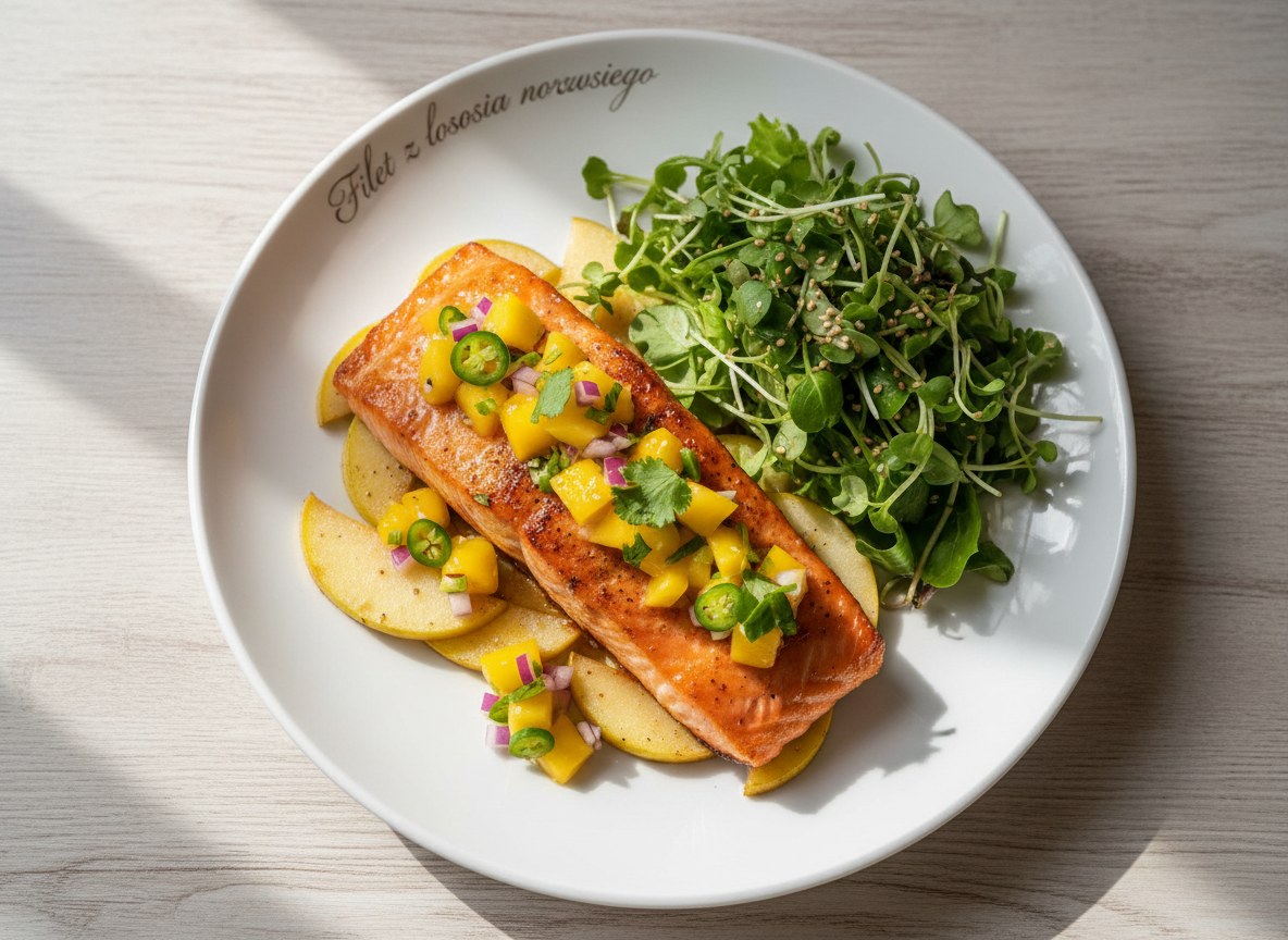 Filet z łososia norweskiego marynowany w salsie z mango i jalapeño podany z sałatką ze świeżych kiełków oraz aromatycznymi gruszkami i jabłkami