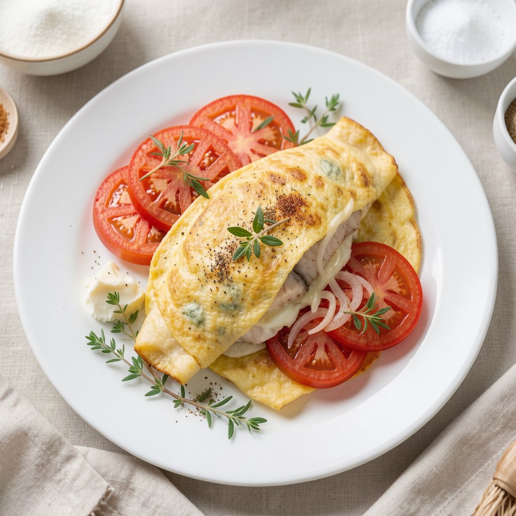 Omlet z rybą wędzoną i pomidorem