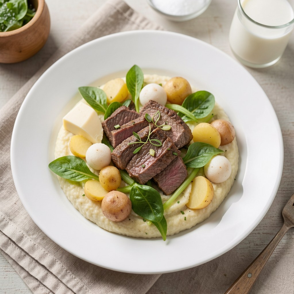 Gotowana pręga wołowa w jarzynach podana na purée selerowym