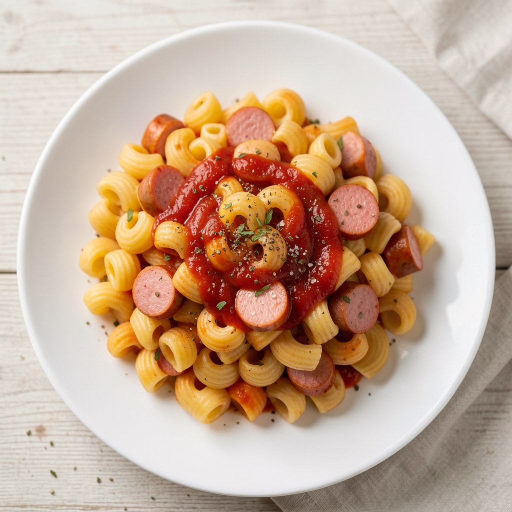 makaron smazony z kiełbasa w sosie