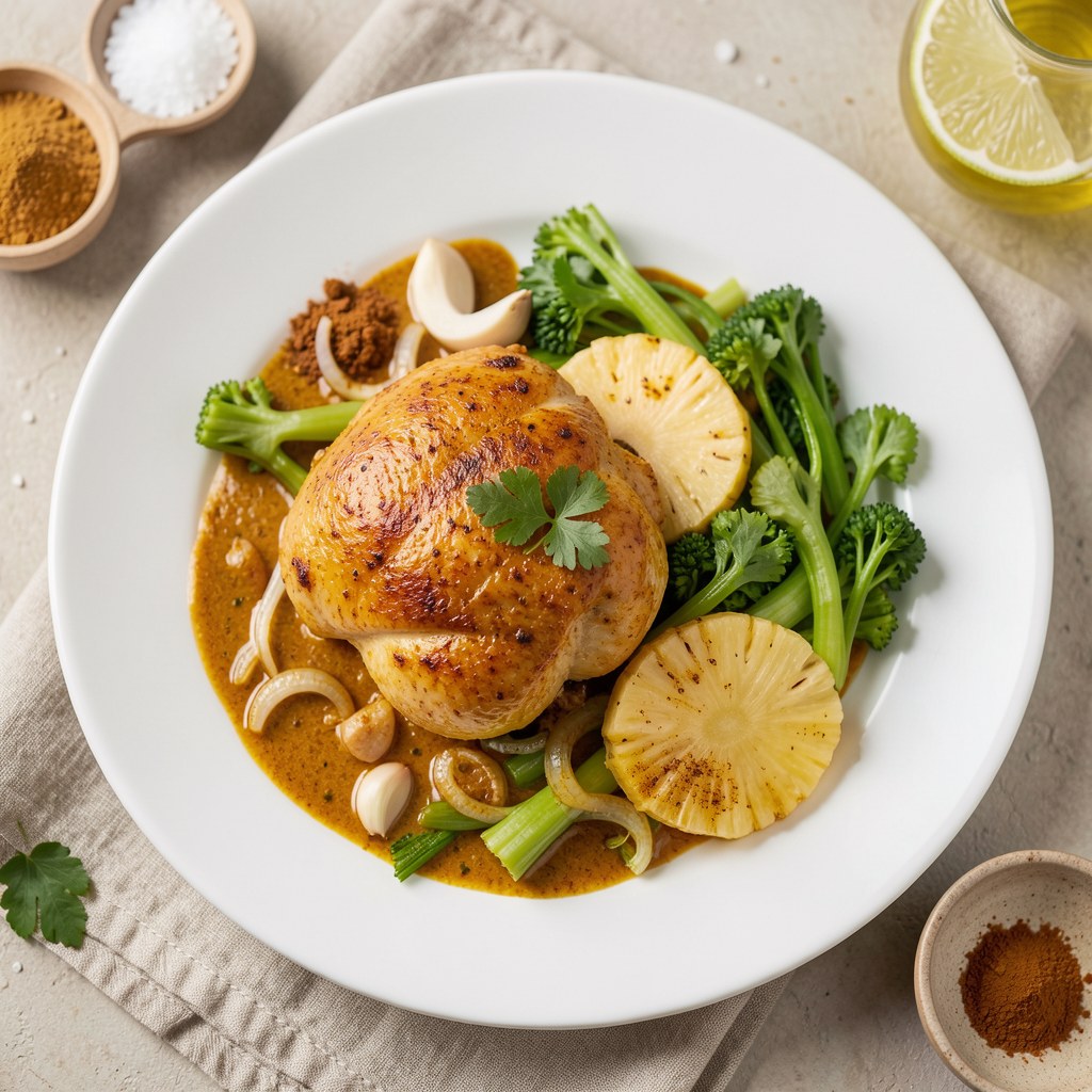 Kurczak z sosem curry, selerem i ananasem