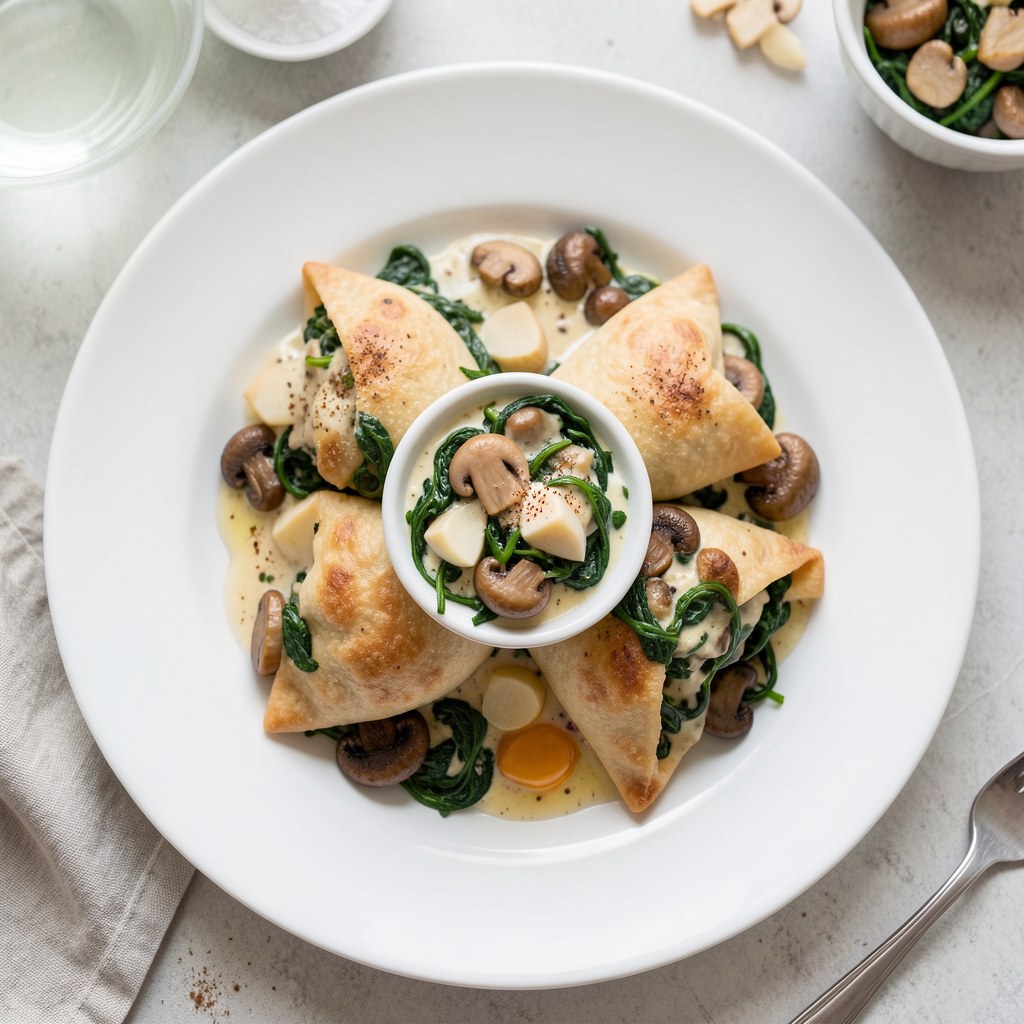 Pierożki ze szpinakiem , pieczarkami i sosem czosnkowym