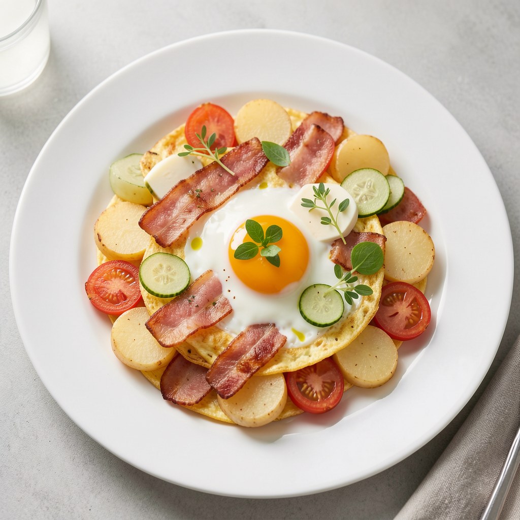 Omlet z bekonem, ziemniakami i ogórkami małosolnymi