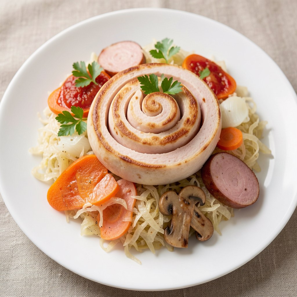 Ślimak z białej kiełbasy na kapuścianym posłanku