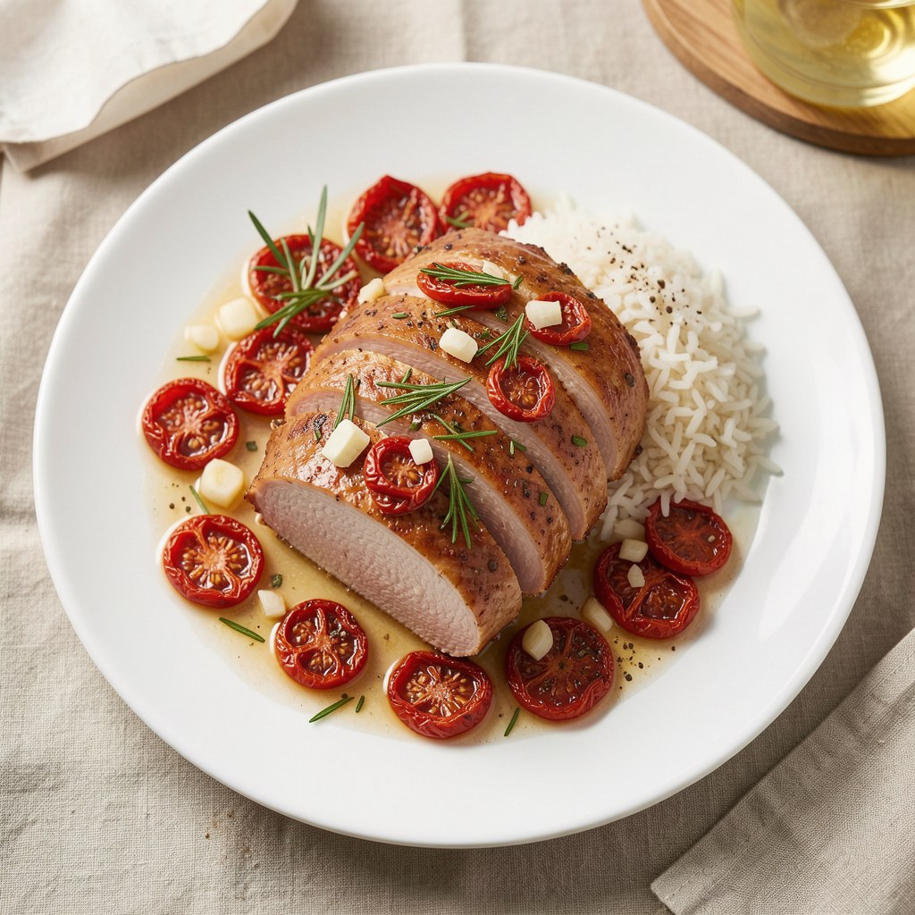 Filet z indyka duszony w winie z suszonymi pomidorami