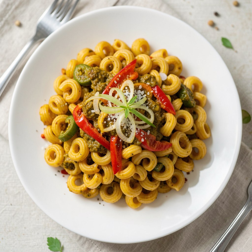 makaron smażony z papryka i porem w curry