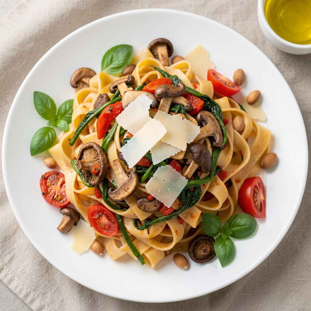 Makaron tagliatelle ze smażoną papryką, borowikami, szpinakiem, pomidorami suszonymi oraz płatkami parmezanu
