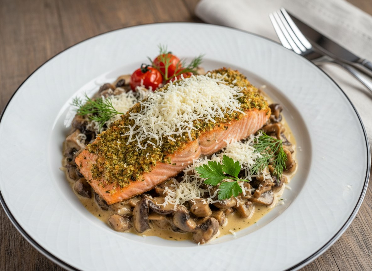 Łosoś norweski w kruszonce ziołowej podany z grzybami w śmietanie ze świeżo tartym serem oscypek
