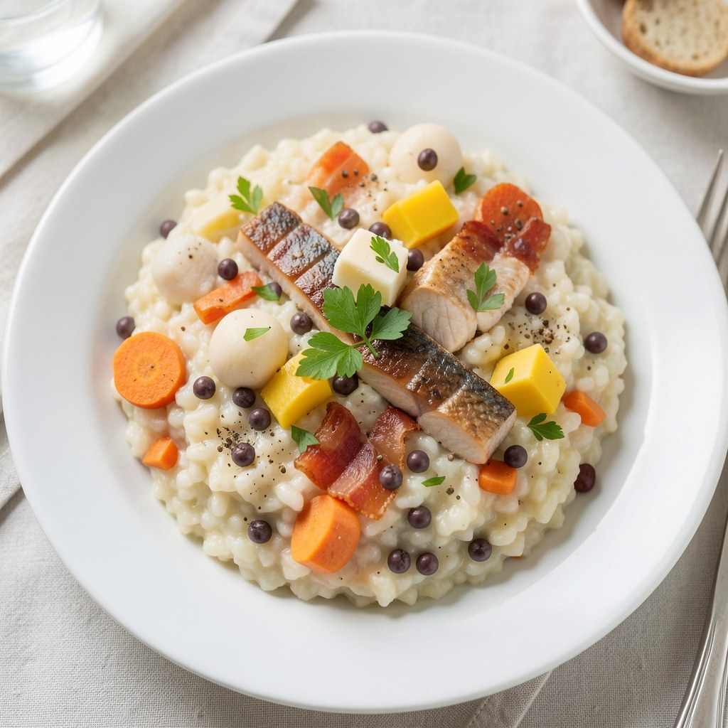 risotto z kaszy perłowej i wędzonej ryby