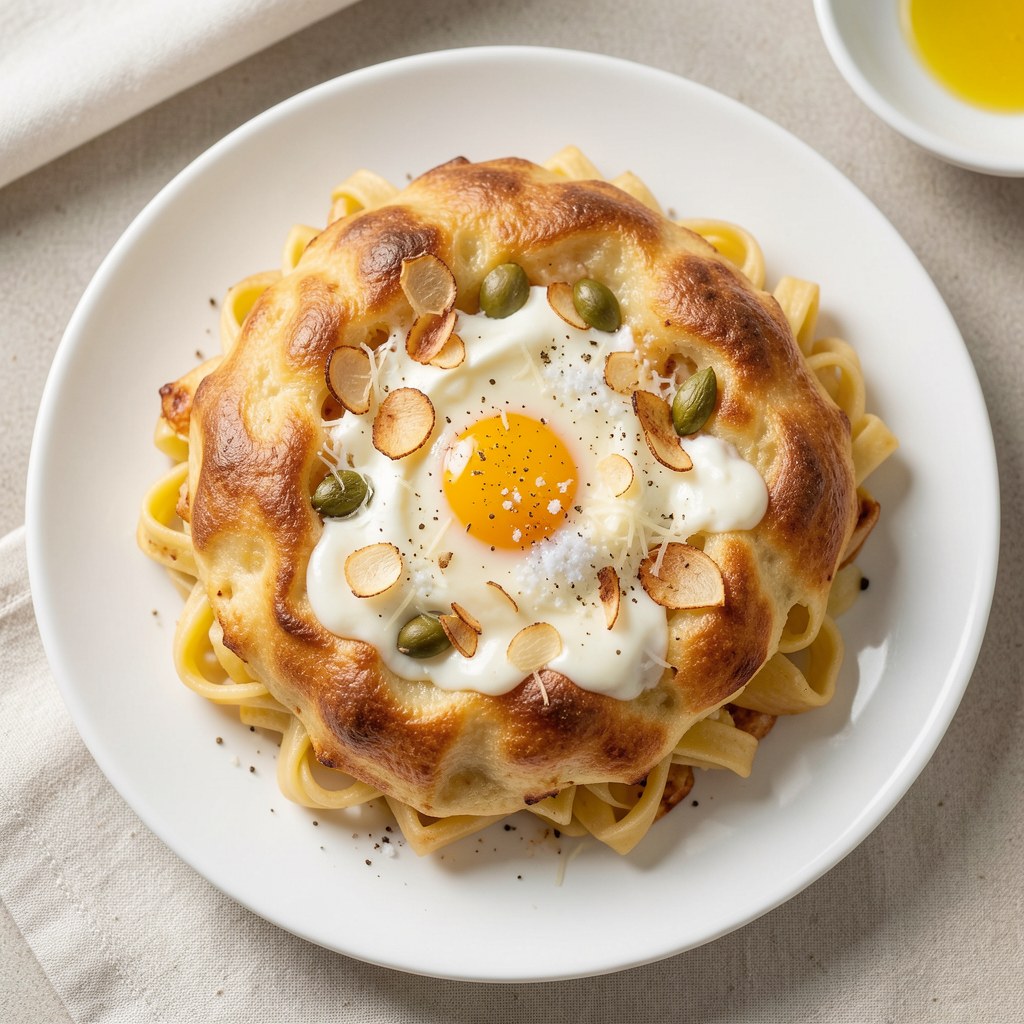 Makaron zapiekany z żółtkami
