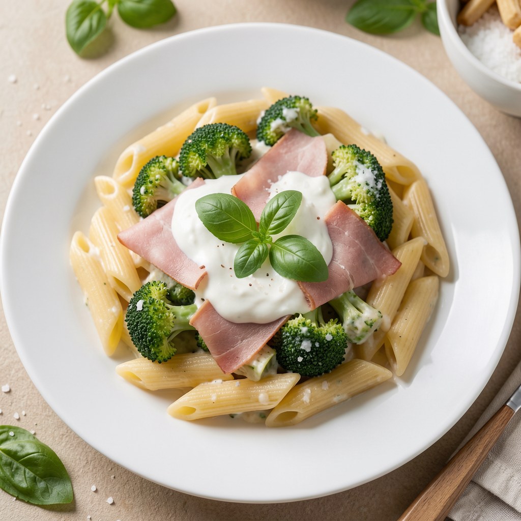 Penne w sosie śmietanowym z szynką i brokułem