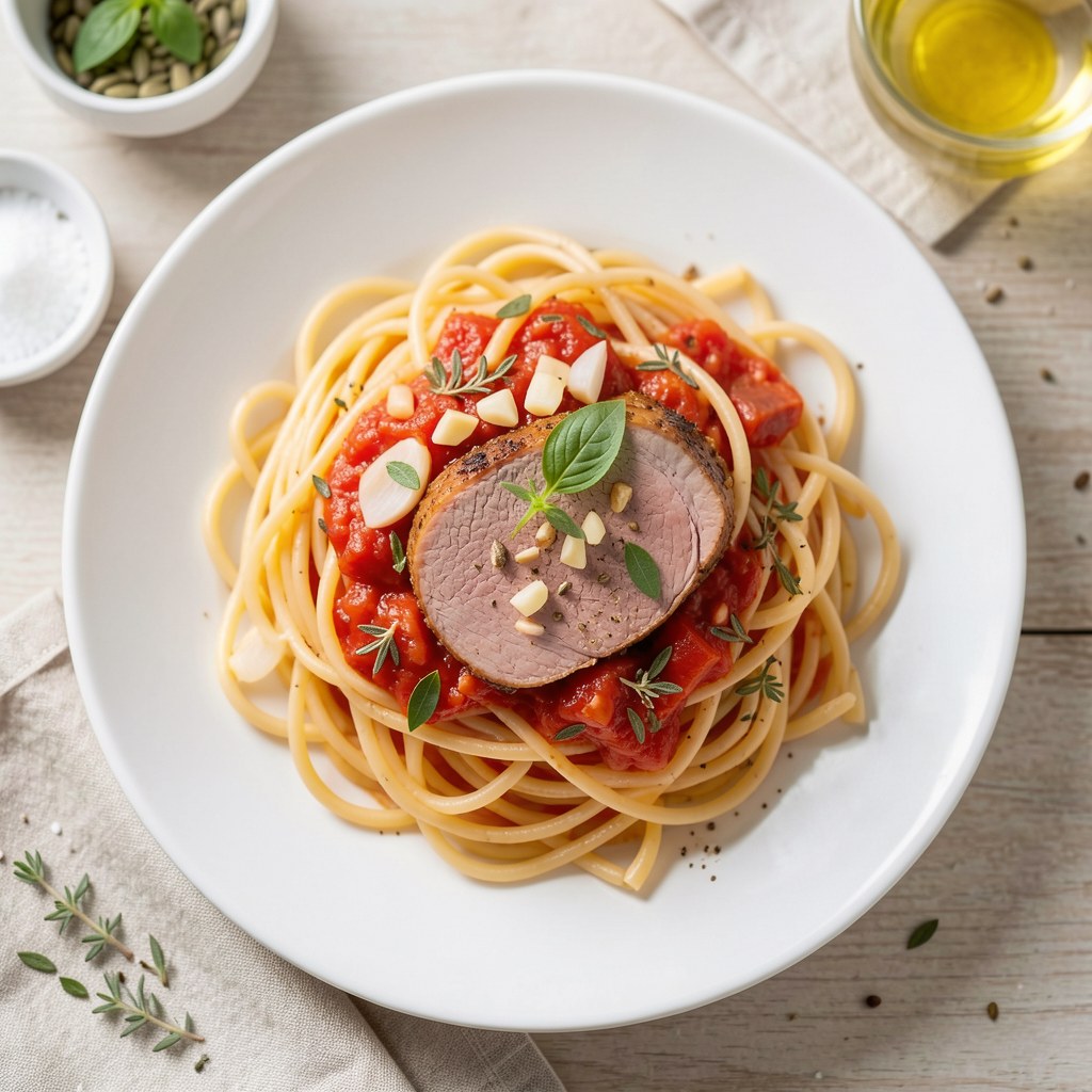 Spaghetti z sosem pomidorowym i boczkiem