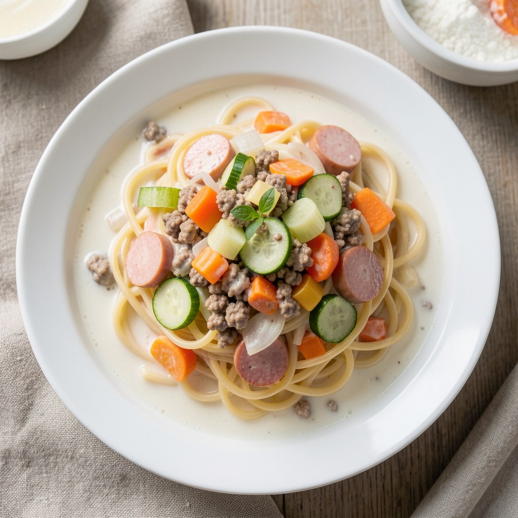 Spaghetti z mielonym mięsem i białym sosem