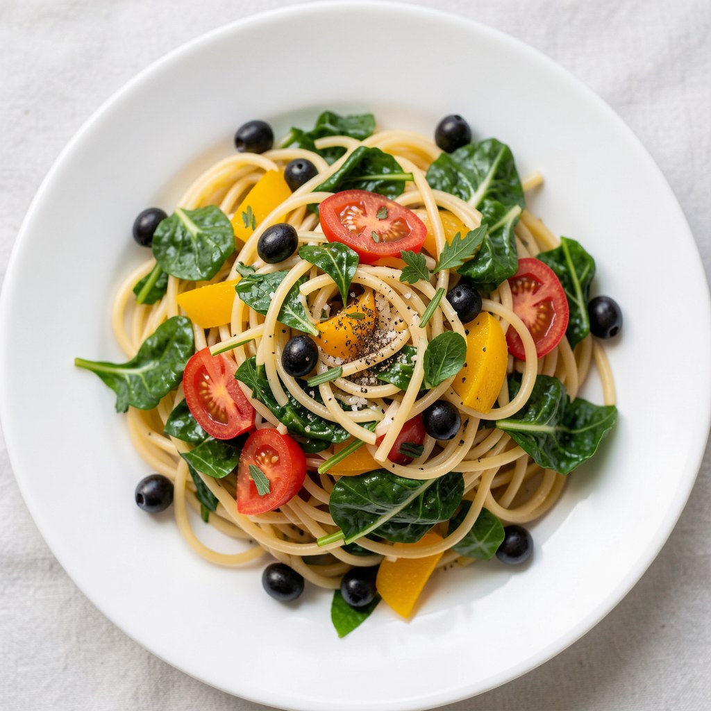 Spaghetti z rukolą i warzywami