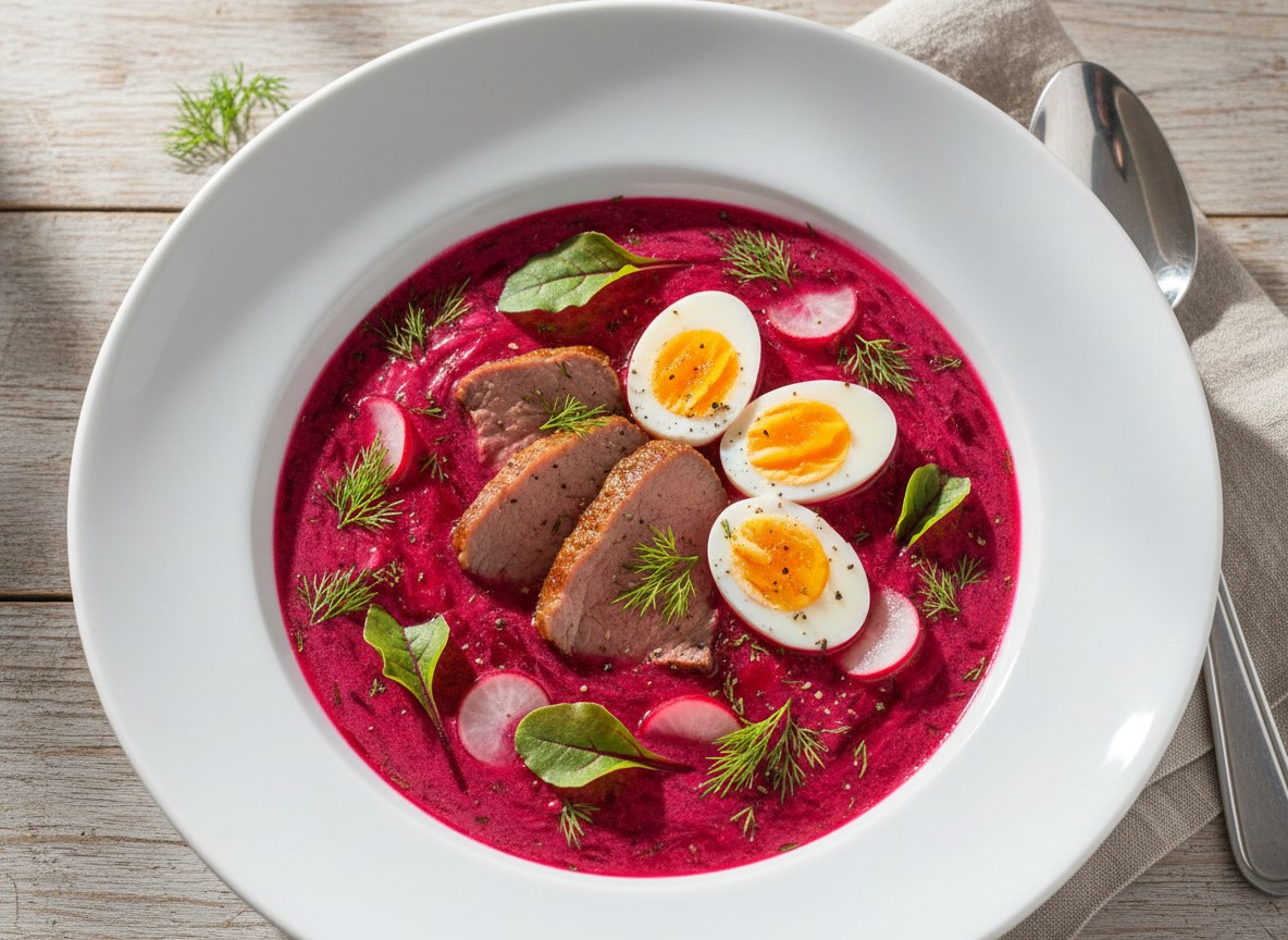 Chłodnik z botwinki z pieczoną cielęciną i jajkiem przepiórczym