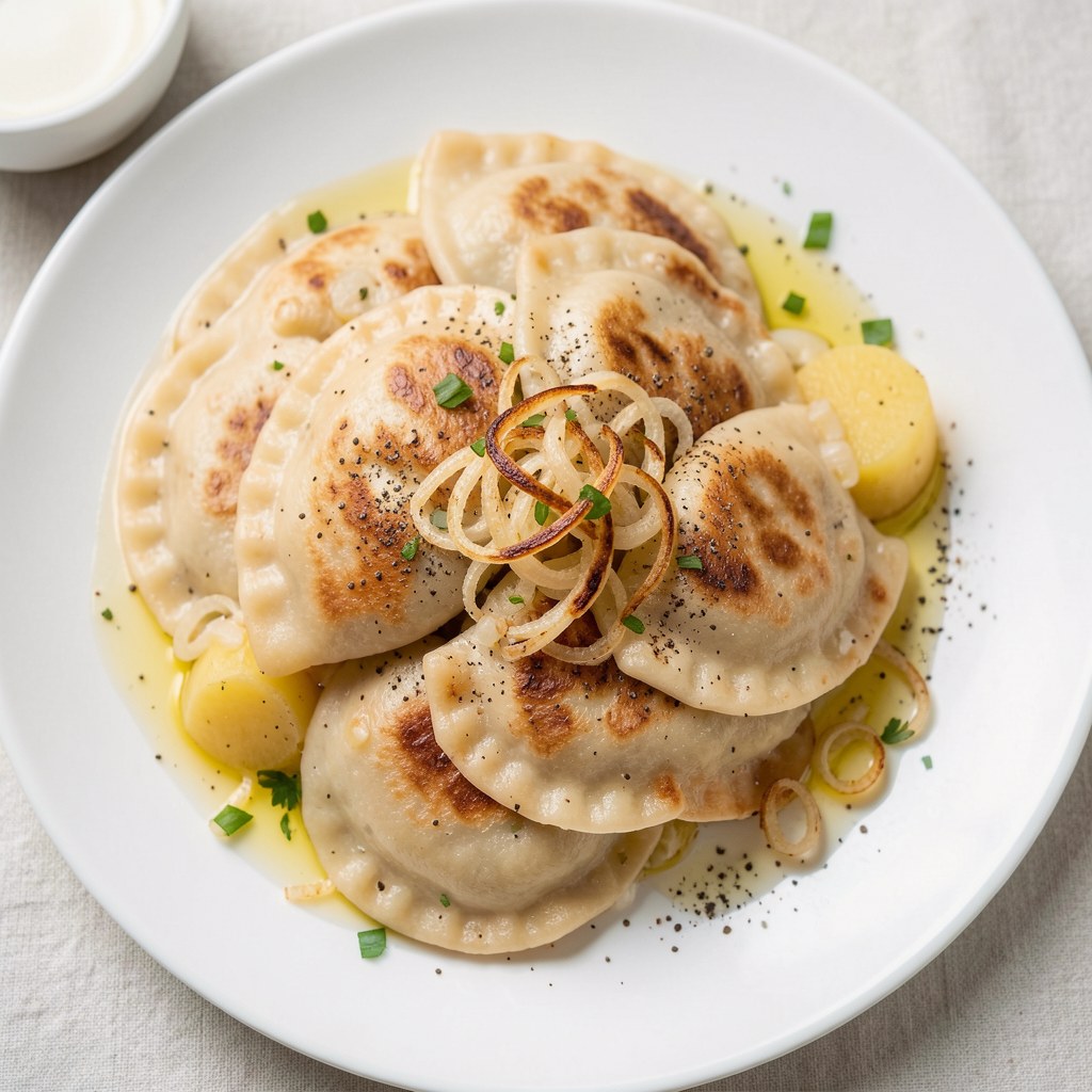 Pierogi ruskie okraszone smażoną cebulką