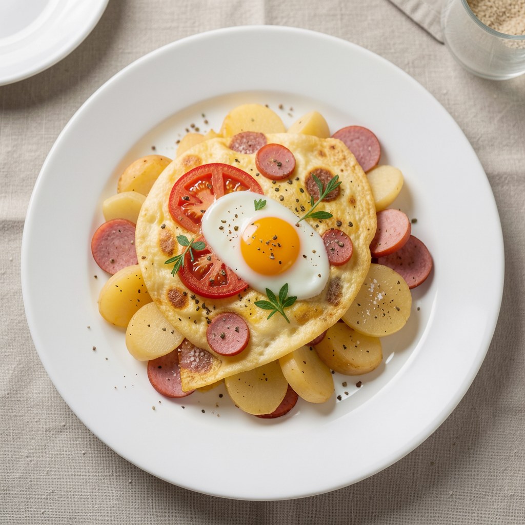 Omlet z ziemniakami pod pomidorem