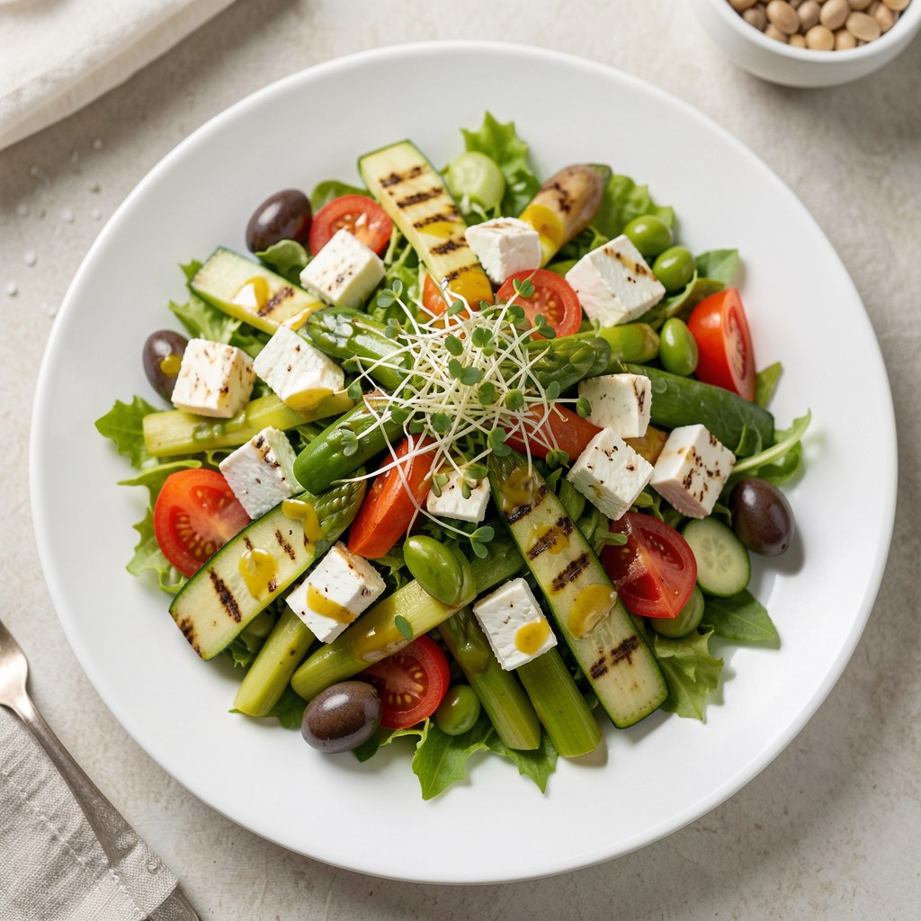 Kolorowa sałatka z grillowanej cukinii i fasolki szparagowej z fetą