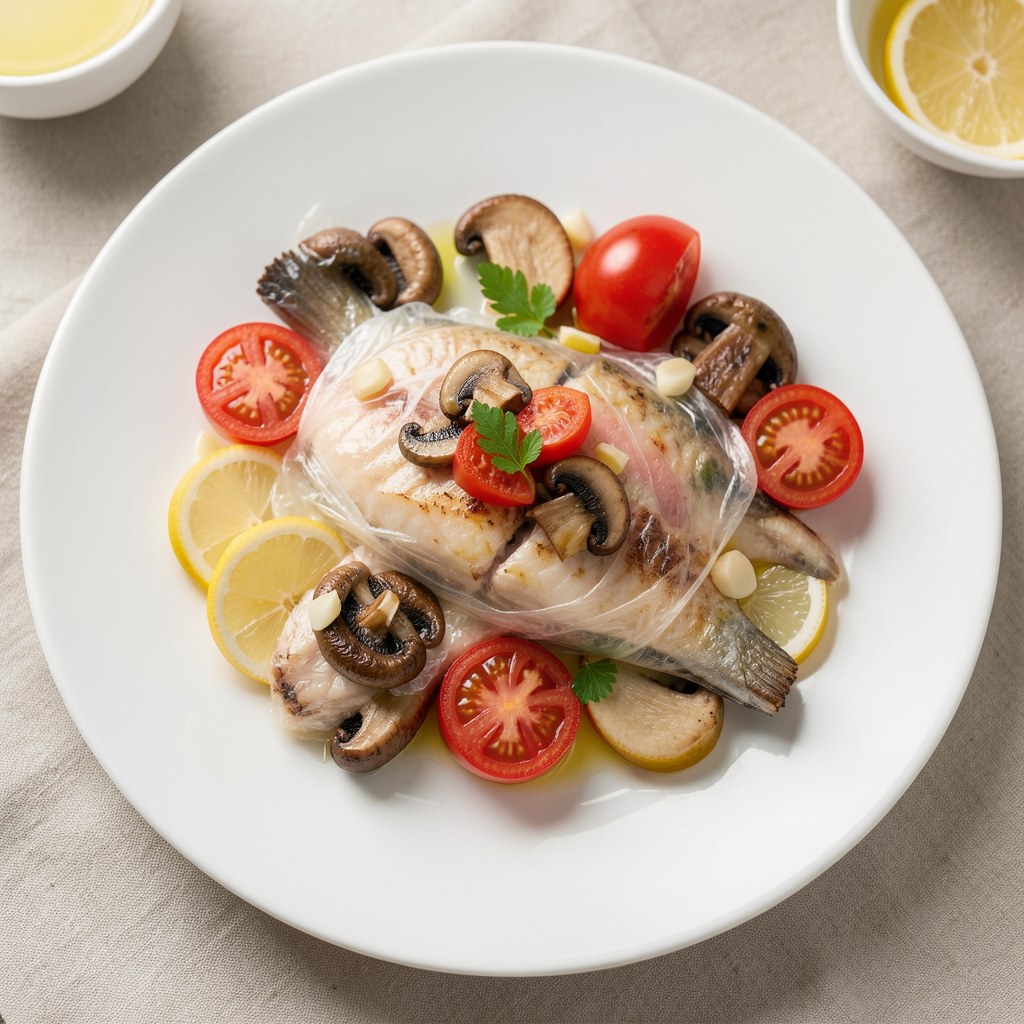 pstrąg pieczony z pieczarkami i pomidorem