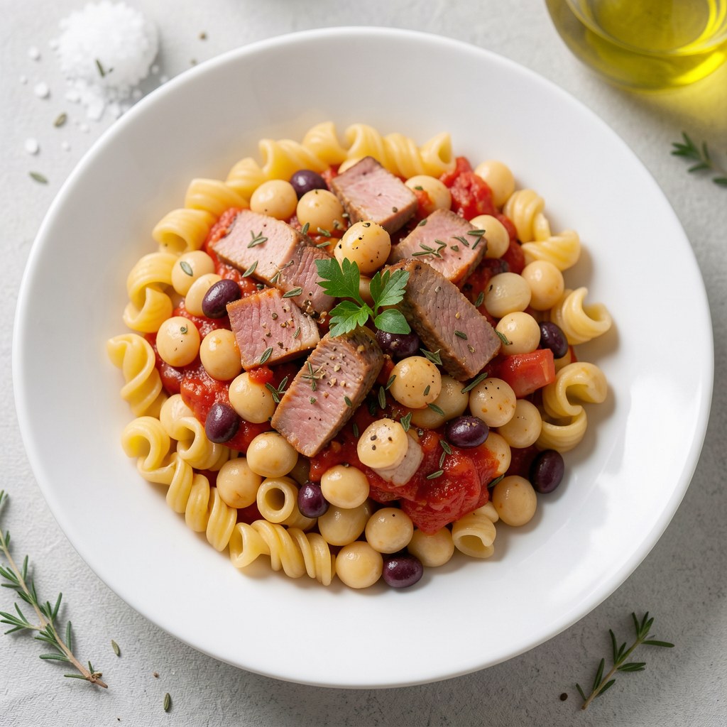 Makaron fusilli rigati z szynką wieprzową i białą fasolą cannellini