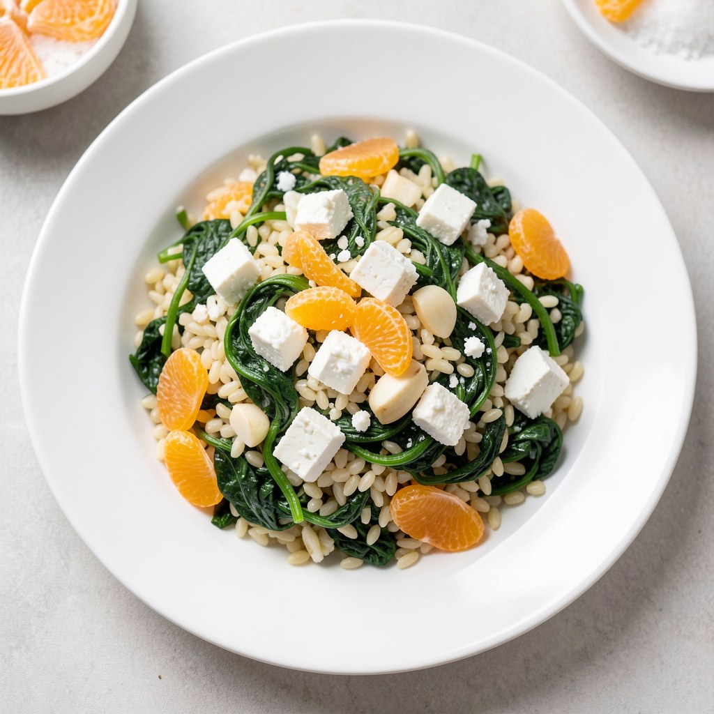 Makaron orzo z liśćmi szpinaku i serem feta