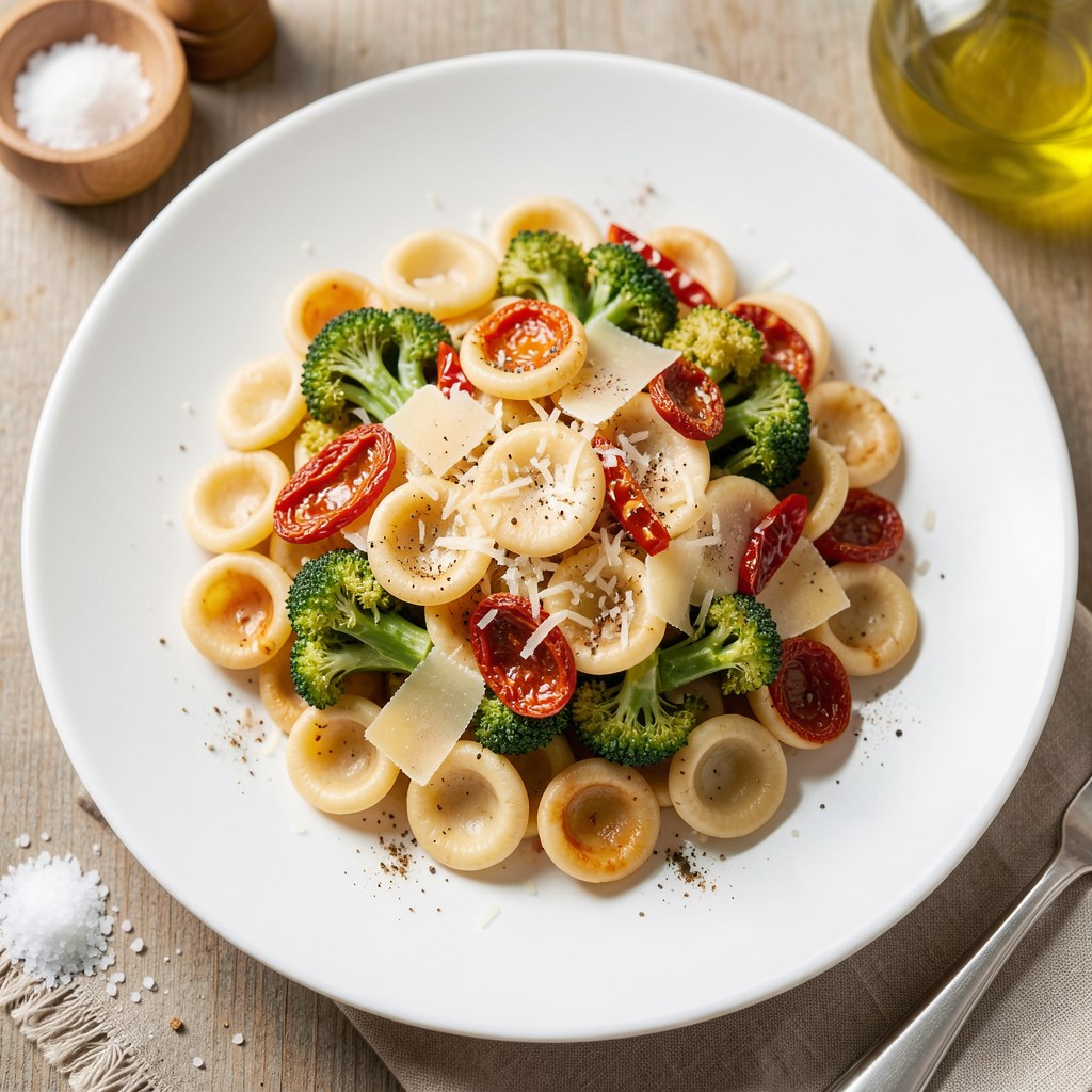 Orecchiette z brokułami, suszonymi pomidorami i parmezanem