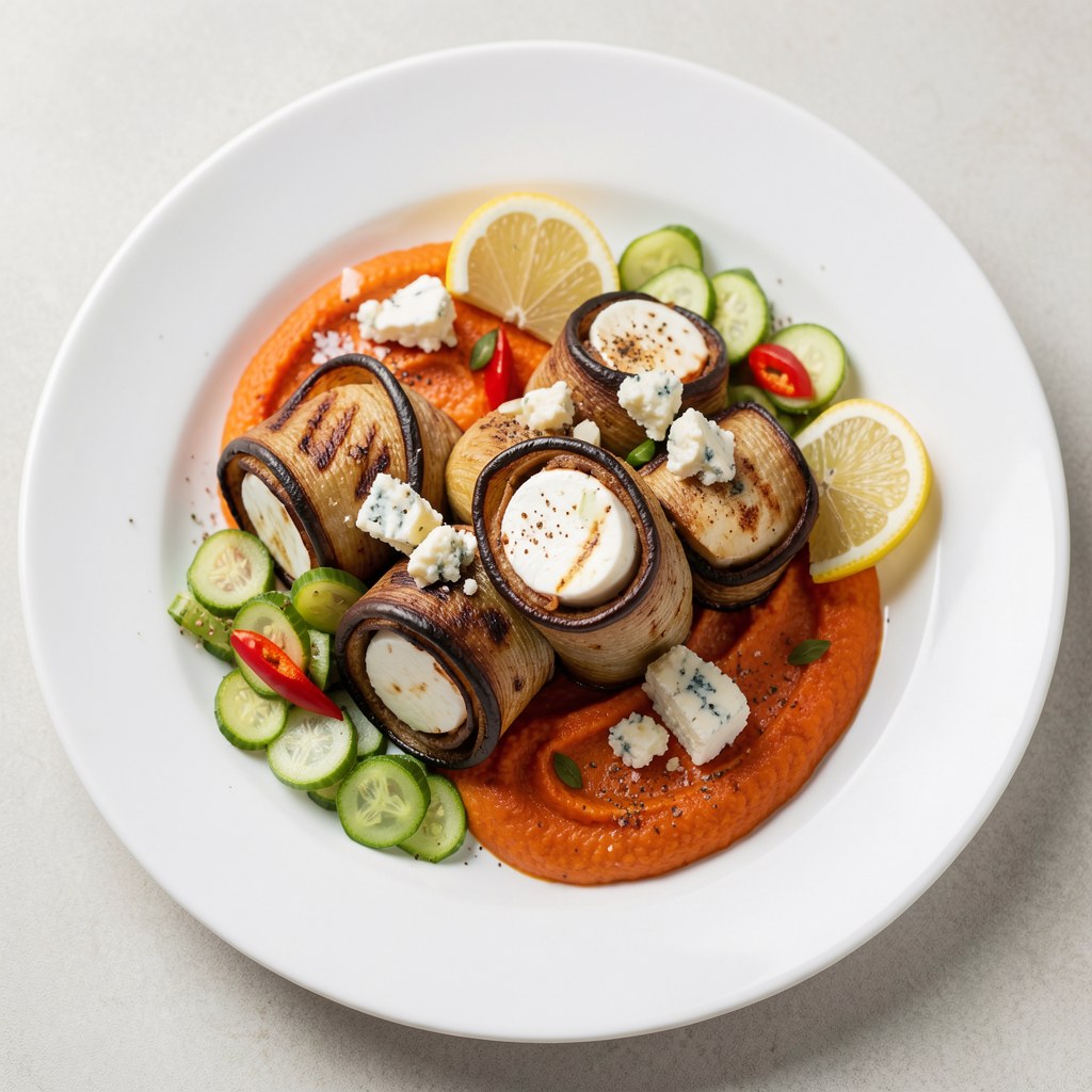 Serowe roladki bakłażanowe z pikantną sałatką z wstążek cukinii i puree paprykowym