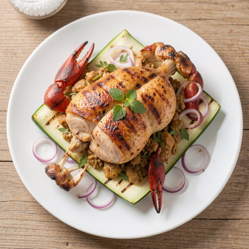 Pierś kurczaka ze skórą z kurkamii rakami na grillowanej cukini