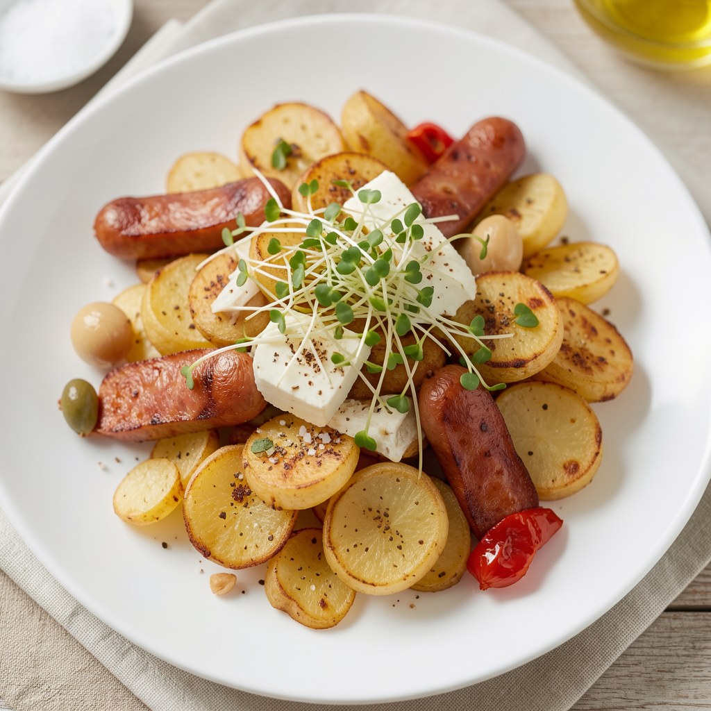 Smażone ziemniaczki z kiełbaskami i kiełkami rzodkiewki