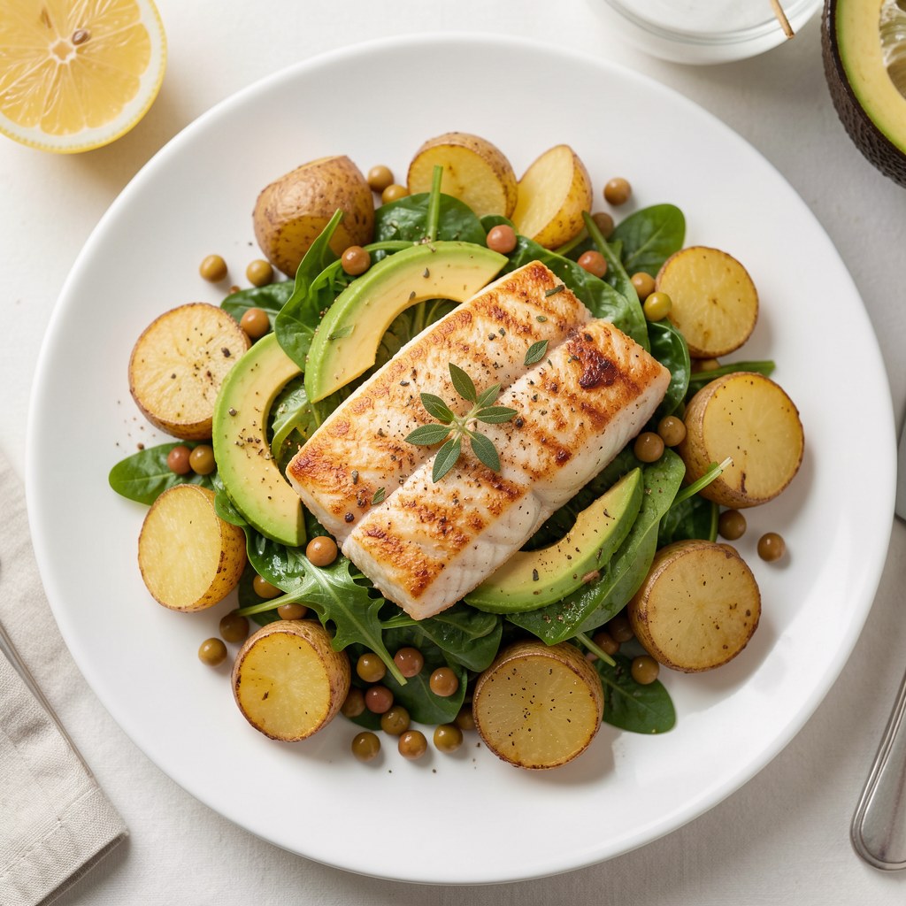 Dorsz z zieloną sałatką i ziemniakami