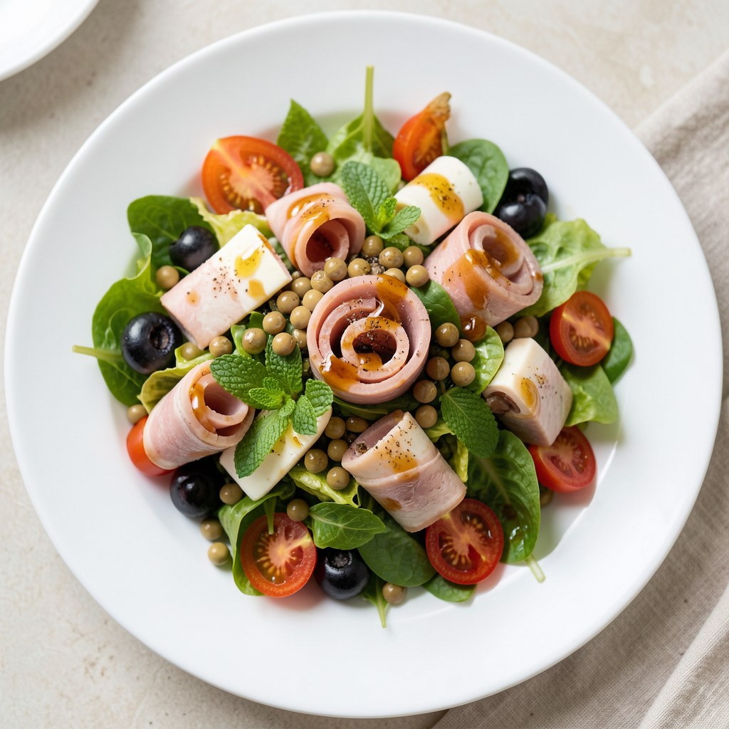 Kolorowa sałatka z szynkowymi ślimaczkami