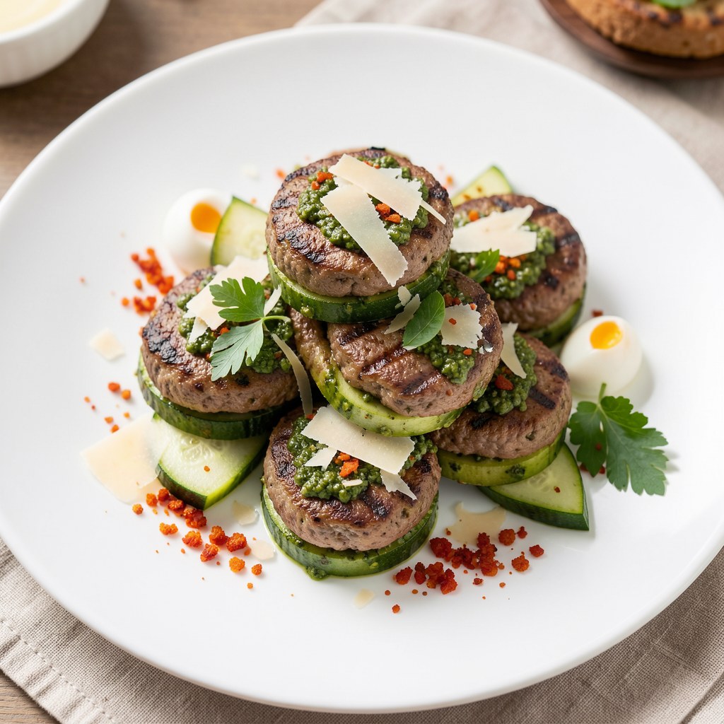 Cukinie z kotlecikami wołowymi z grilla w pesto